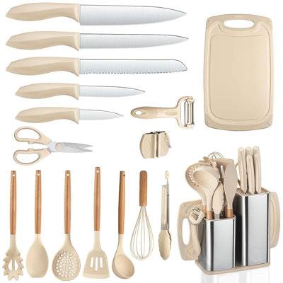 17 PCS Silicone Cooking Utensil Set, Kitchen Utensils Set and Knife Set, Khiki