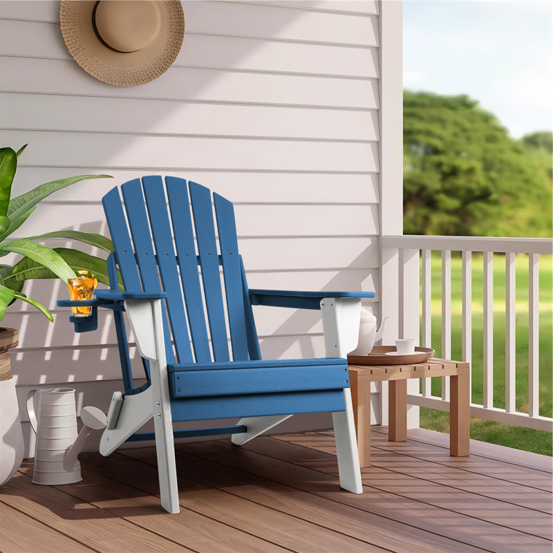 Uniopolis Foldable Outdoor Adirondack Chair, White/Blue
