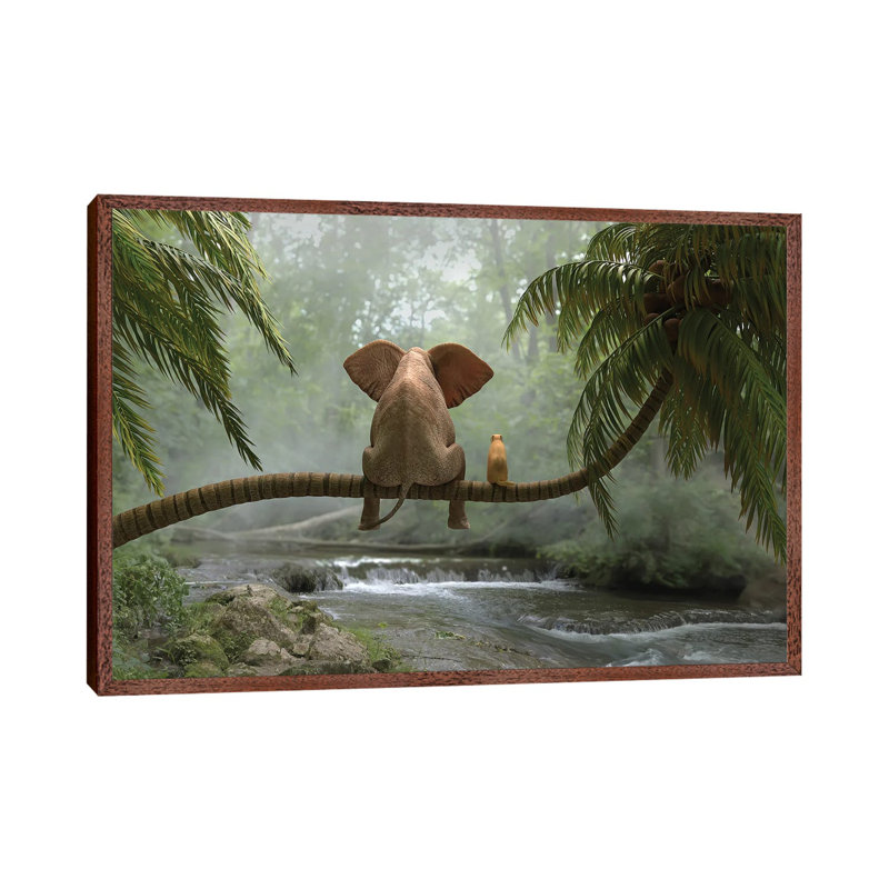 Elephant And Dog Sit On A Palm Tree In Tropical Forest by Mike Kiev - Gallery-Wrapped Canvas Giclée on Canvas