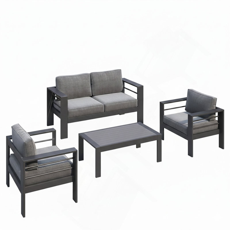 Ensemble de conversation moderne en aluminium 4 pièces pour patio, canapé 4 places avec coussins épais et table basse