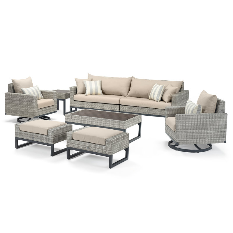 8 Piece Motion Deep Seating Patio Conversation Set, Centered Ink Stripe Sunbrella®, Gray