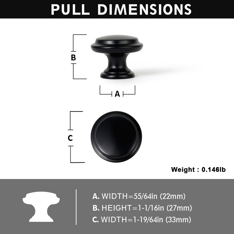 Poignée champignon 53/64 po de diamètre à conception spéciale, Noir, noir, noir, noir