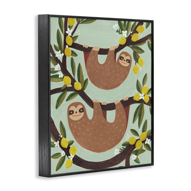 Paresseux suspendus de citronnier, estampe numérique, design par Irene Chan, H 14 po x l 11 po, Giclée encadrée noir minuit
