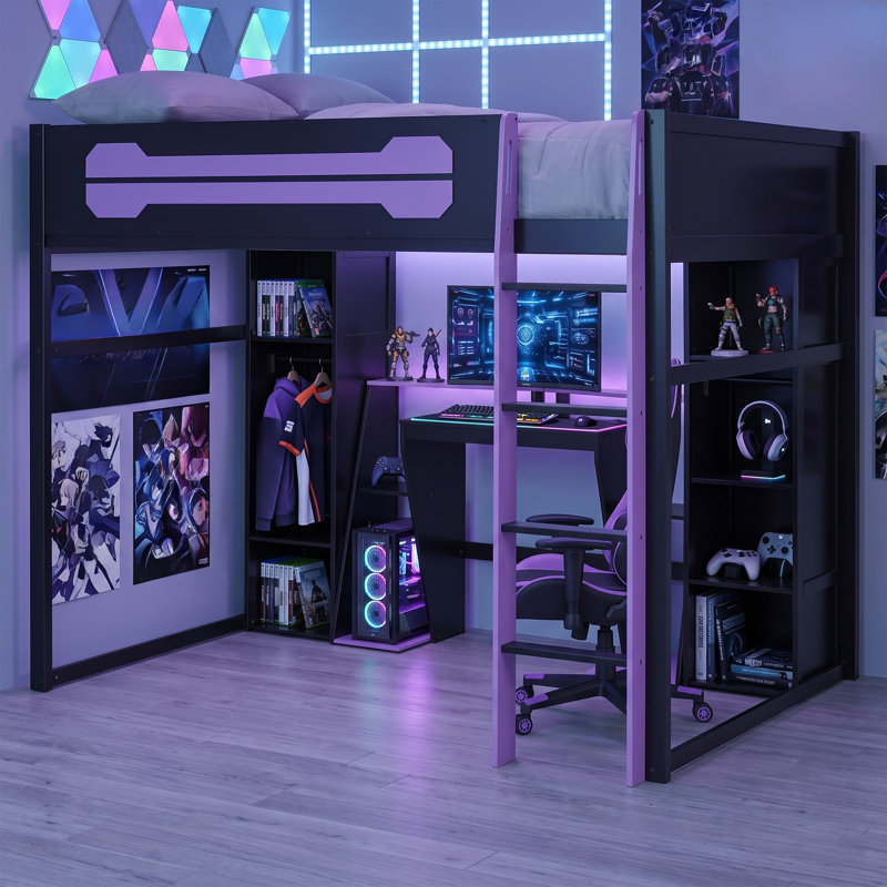 Lit mezzanine double avec bureau de jeu intégré, station de charge et éclairage DEL, conception à deux tons, style Esports, chambre d'enfant