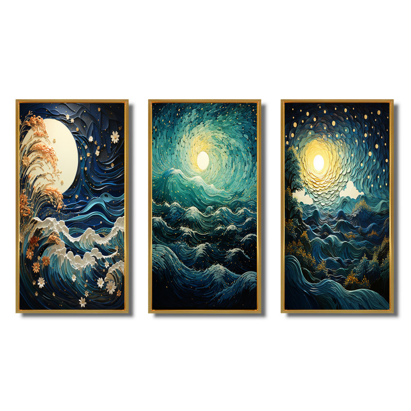 «Teal Coral Ocean Rhapsody», 3 pièces sur toile, Cadre flottant doré, H 28 po x l 36 po