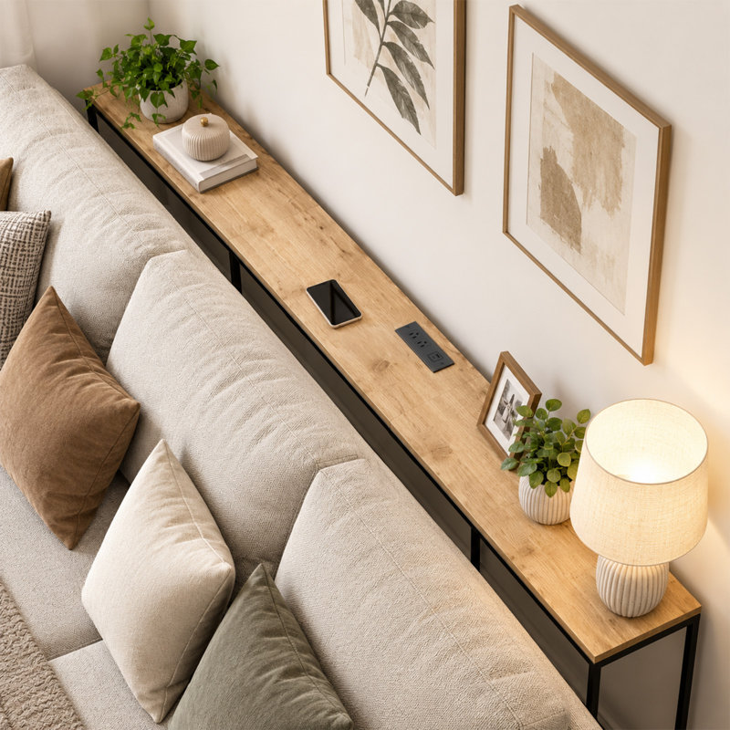 Console extra longue de 240 cm avec station de recharge, table d'entrée en chêne avec ports USB et prises électriques pour salon et couloir