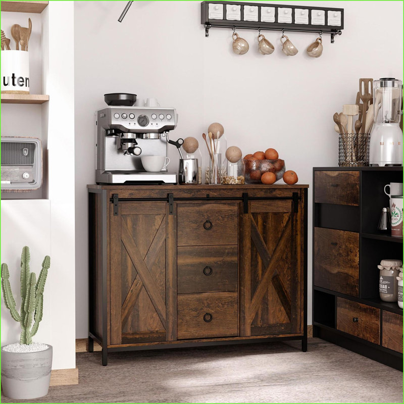 Sideboard, Industrial Farmhouse Buffet with Sliding Barn Doors, 3 Drawers &amp; Adjustable Shelves, Rustic Brown | Particle Board Panels | Steel Frame