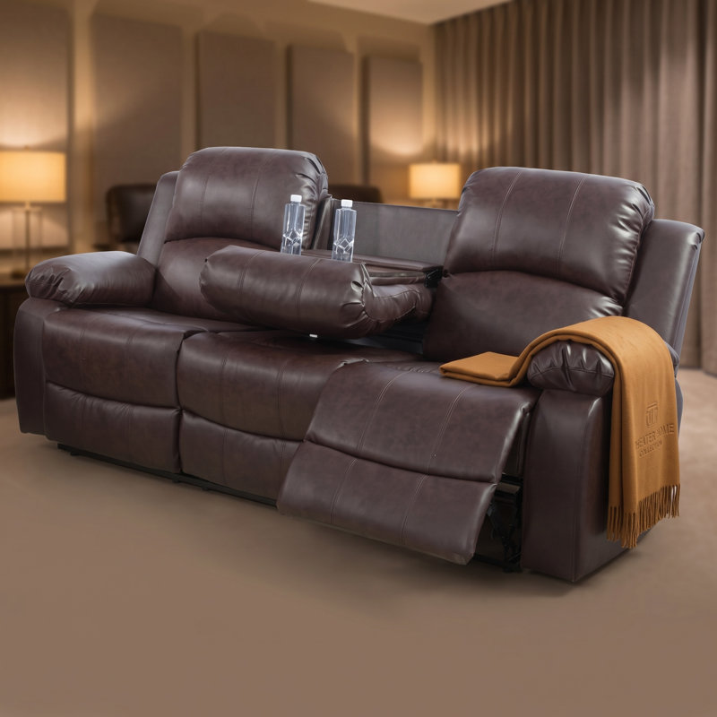 Causeuse inclinable manuelle pour cinéma maison, canapé 2 places inclinable en similicuir brun foncé avec console centrale