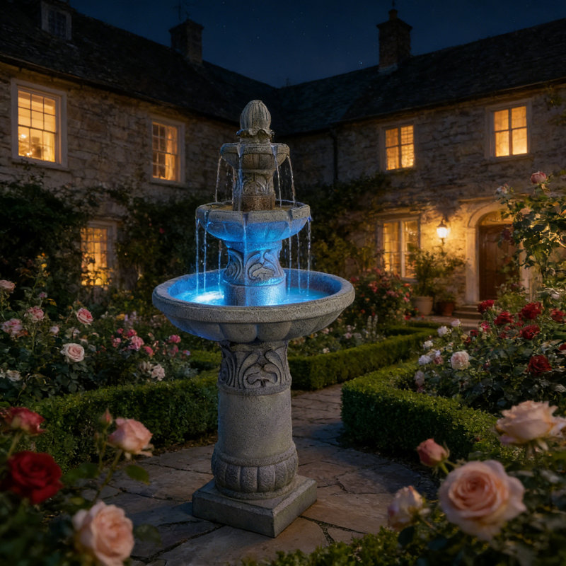 52''H Large 3-Tier Outdoor Garden LED Water Fountain | Resin Floor-Standing Cascading Bubbler With Pump For Patio & Yard