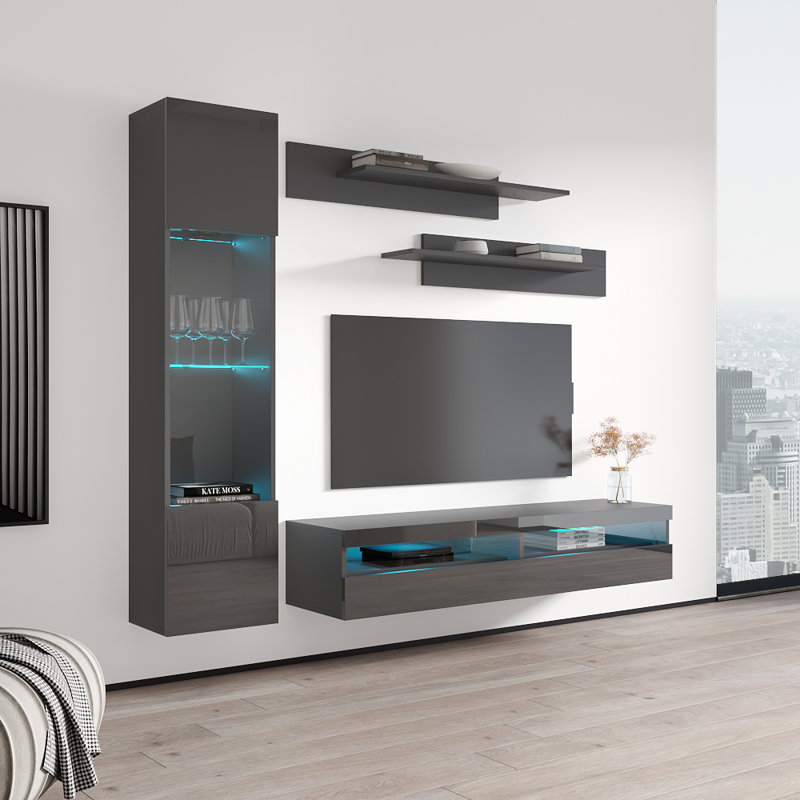 Lovelace 85" Modern Floating Wall Mounted Entertainment Center with 16-Color LED Lighting, High Gloss Finish, Gray