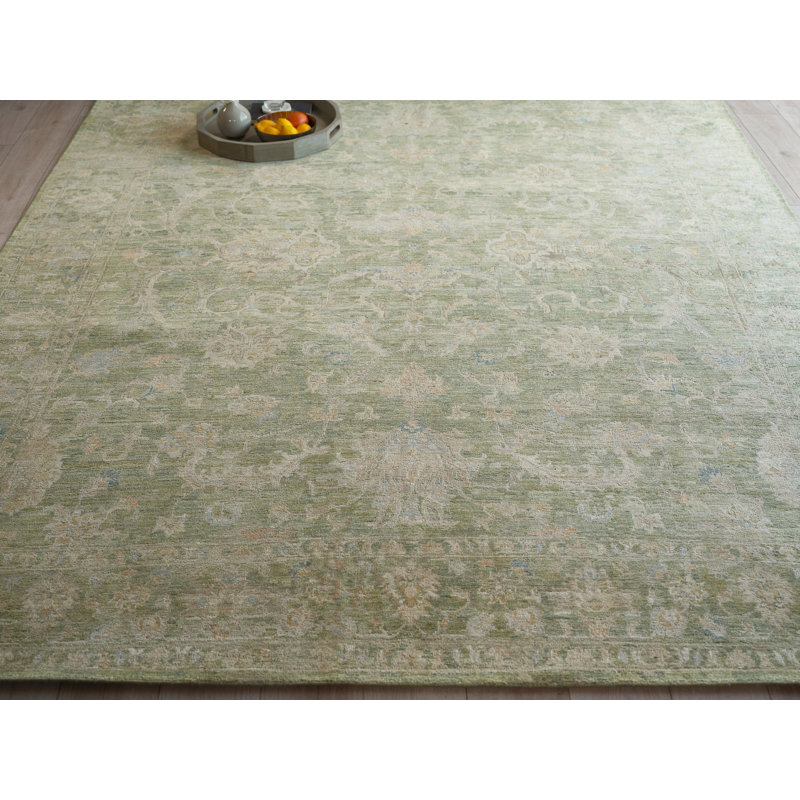 Santorini hand-knotted Wool/Silk Green Area Rug, Light Silver, Rectangle 8' x 10'