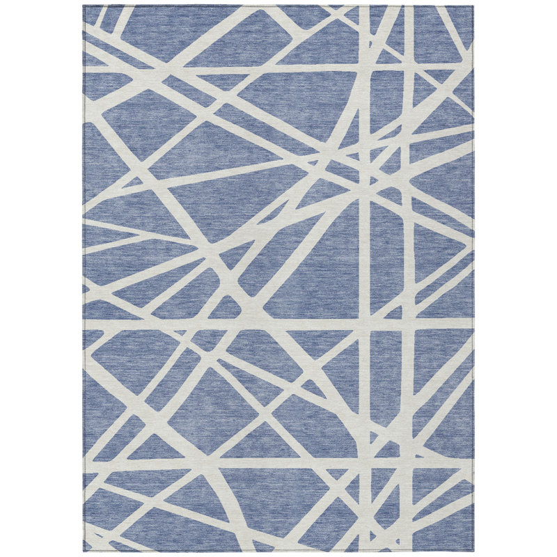 Tapis intérieur lavable à motif géométrique bleu denim 3 pi x 5 pi