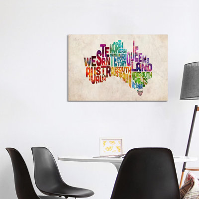 Australia Typographic Text Map by Michael Tompsett - 1 Piece Wrapped Canvas Wall Art