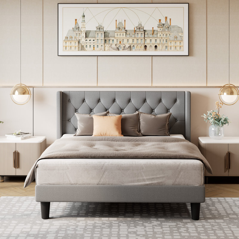 Hilbert Upholstered Low Profile Platform Bed Frame with Headboard, Full/Double, Light Gray