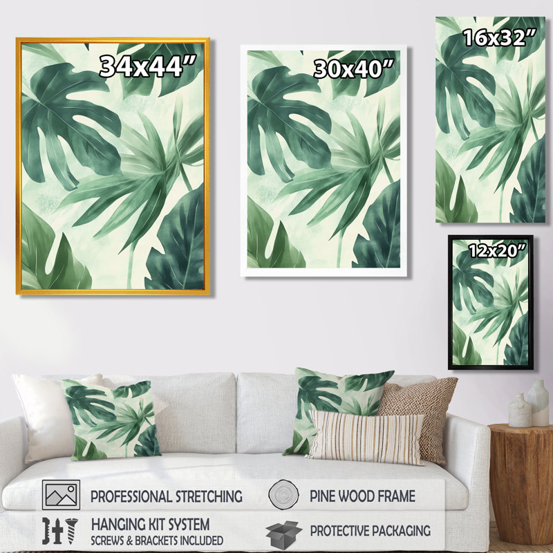 «Palm Leaves In The Jungle II - Green Foliage», art mural, Cadre naturel flottant, H 20 po x l 12 po
