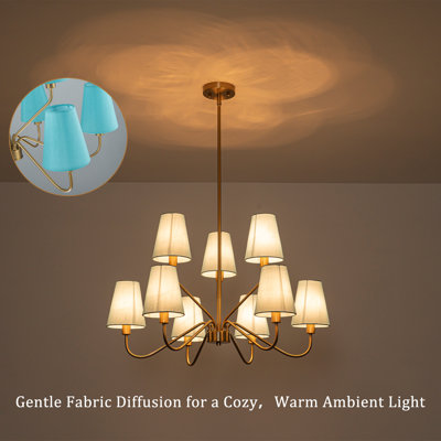 Lustre moderne de style ferme à 9 lumières en laiton avec abat-jour en tissu bleu pâle, hauteur réglable pour salle à manger