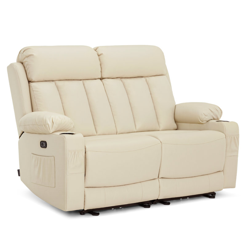 Causeuse électrique inclinable avec chaleur et massage, porte-gobelets et port de charge USB, similicuir, Blanc, crème