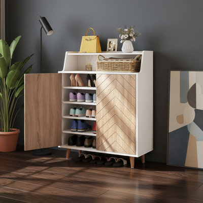 5-Tier Wooden Shoe Storage Cabinet With Doors & Open Shelves, Pine Legs, Large Capacity Organizer In White & Oak For Entryway, Hallway And Closet