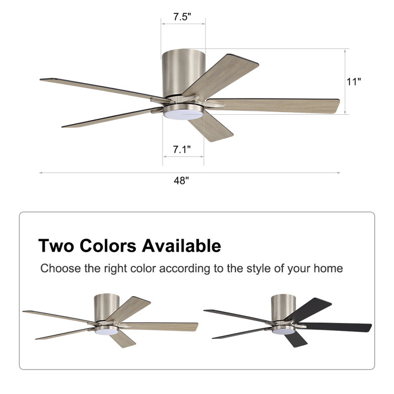 Dc Motor Indoor Flush Mount Ceiling Fan With Light Kit And Remote, Nickel, Light Wood Grain/Black, 11" H x 48" W x 48" D