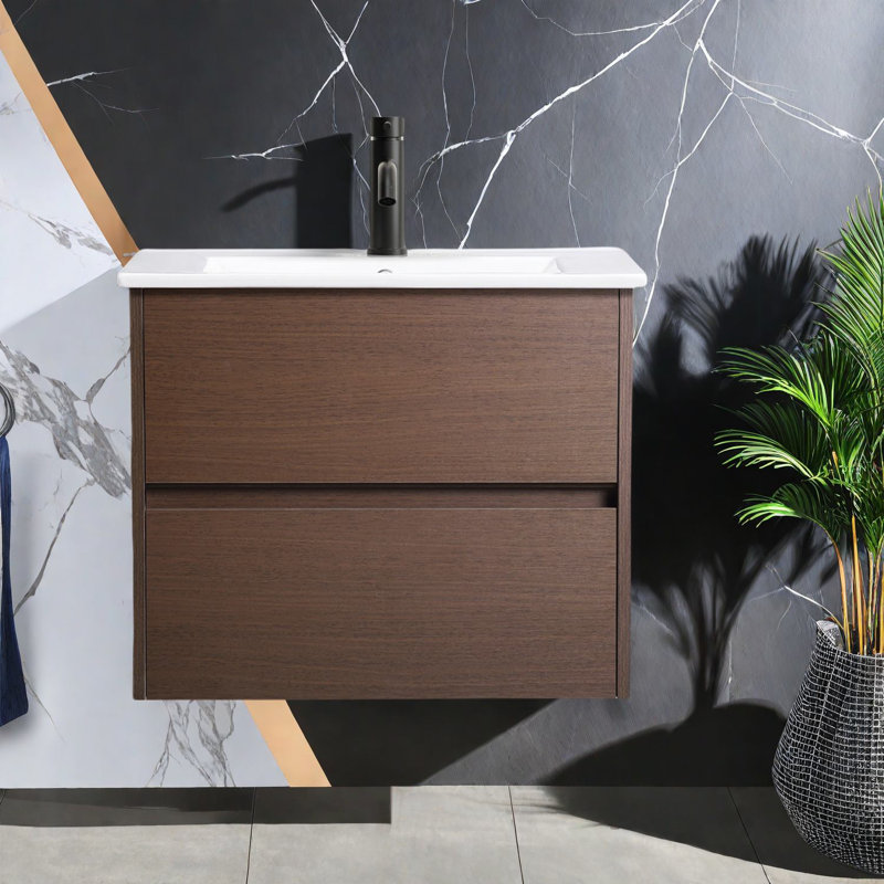 Meuble-lavabo moderne de 24 po avec lavabo, noir et noyer, solution de rangement pour salle de bain