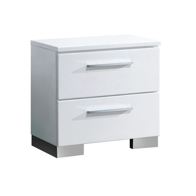 Table de chevet blanche brillante avec 2 tiroirs pour la chambre à coucher, plateau doublé de feutre et pieds en bois massif dans le rangement de la chambre à coucher