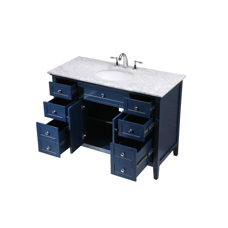 Ain 48'' Single Bathroom Vanity with Marble Top, Blue, Carrera White
