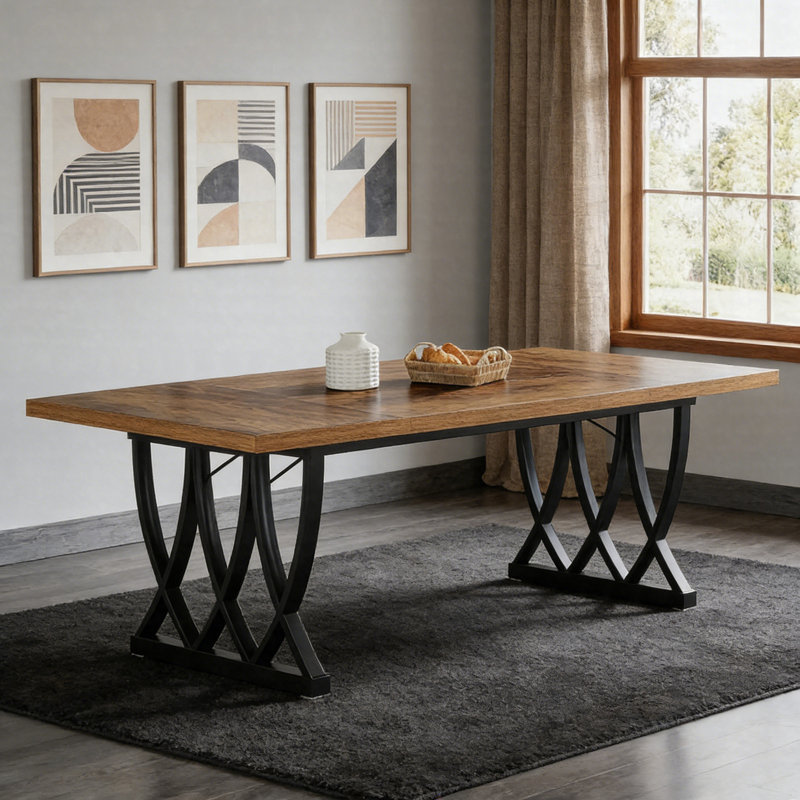 70.8" Farmhouse Dining Table – Wood Kitchen Dinner Table With Trestle Base For 6-8