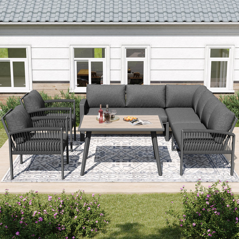 6-piece Outdoor Sofa Set - Galvanized Iron Frame, Uv-resistant Rope, Adjustable Legs, Thick Cushions, Dark Grey, Black