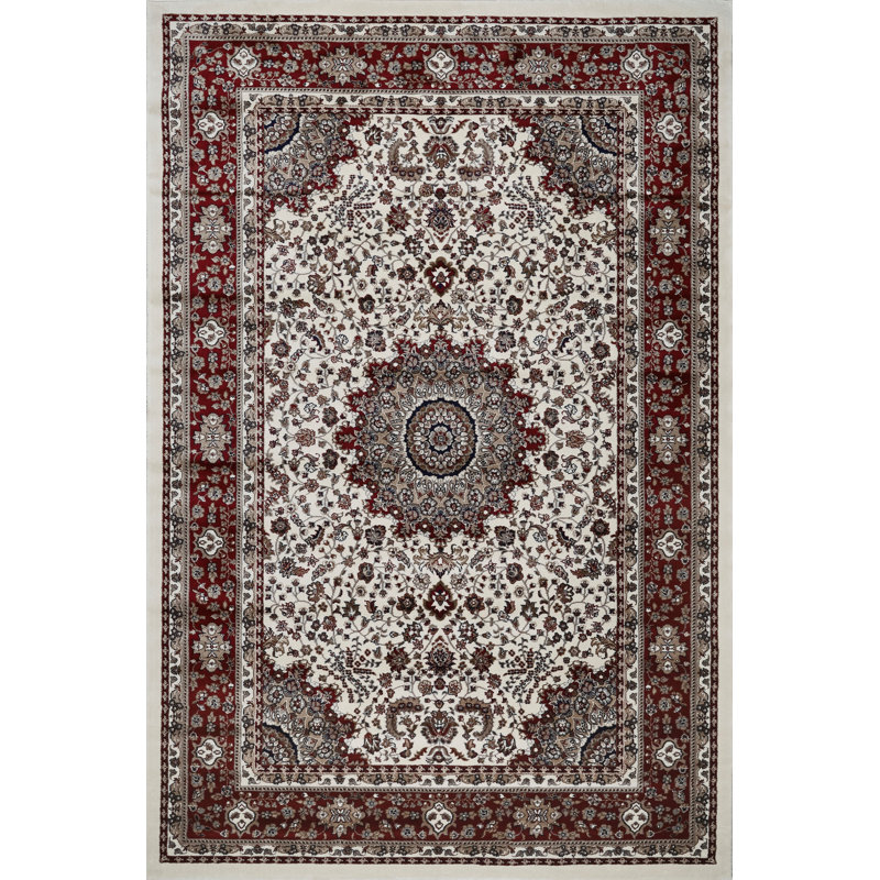 Master Collection Floral Transitional Area Rug, White and Red, Rectangle 7' x 10'