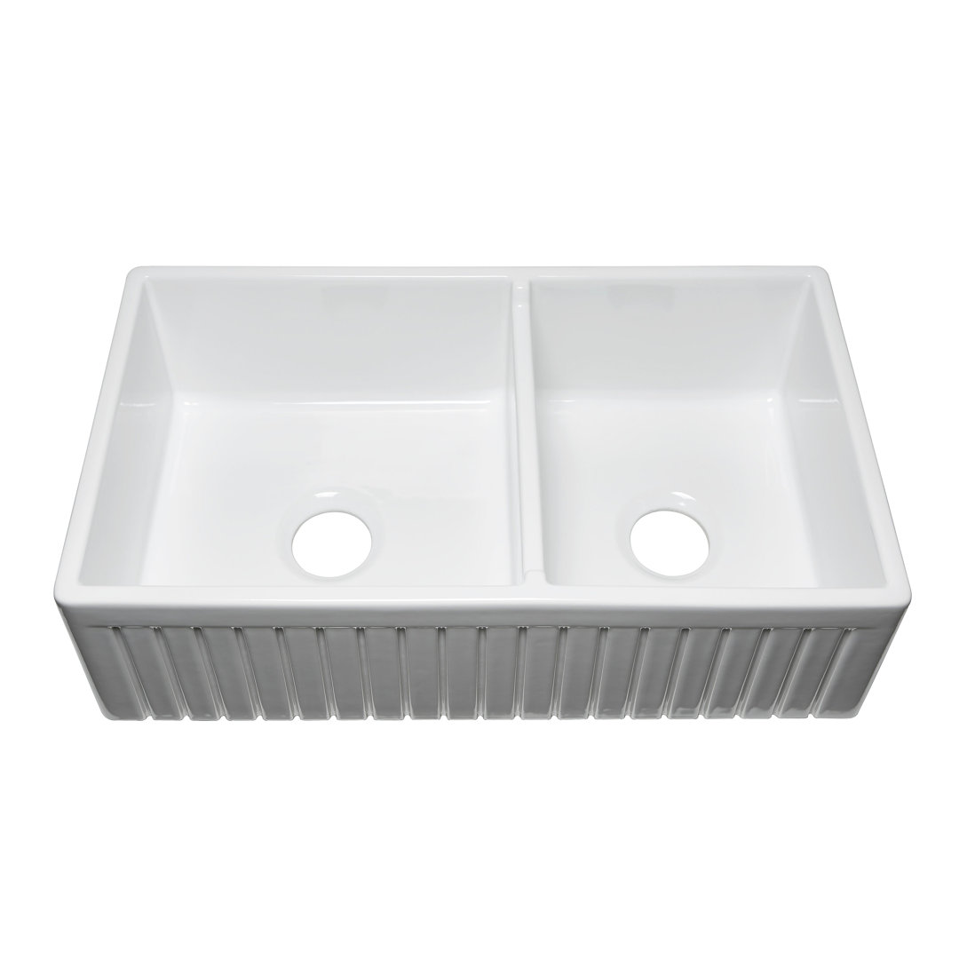 Sorrel 33" L x 18" W Double Basin Farmhouse Kitchen Sink with Grid and Strainer Birch Lane™