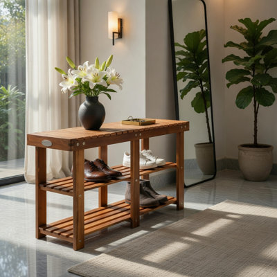 Banc autoportant à 3 niveaux en bois d'acacia avec siège intégré - finition teck, rangement robuste pour les bottes et les chaussures