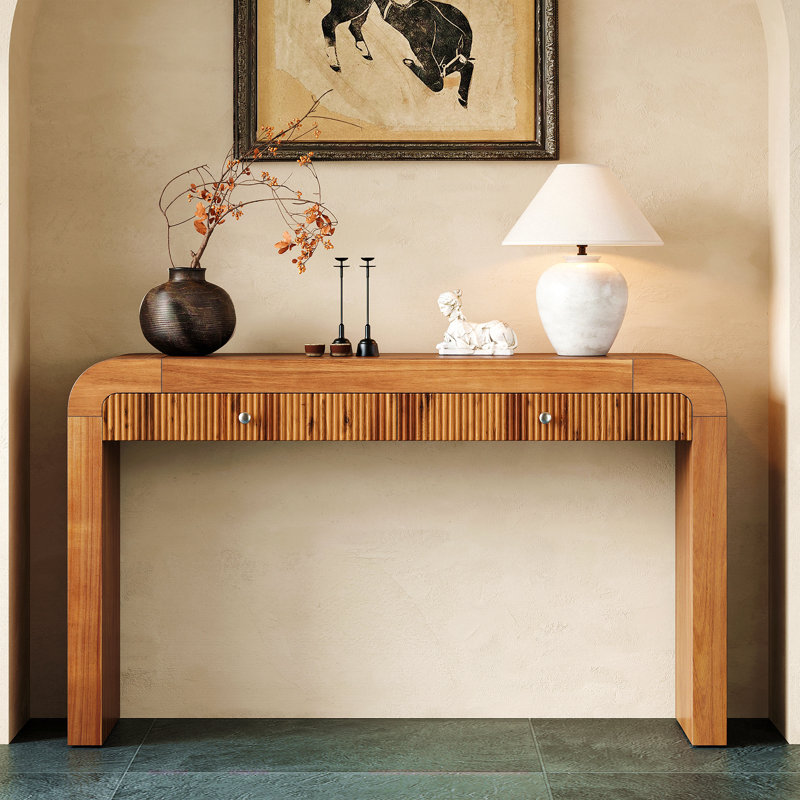 Console Table With Fluted Drawer Front, Entryway Table With Curved Corners & Thick Legs, Sturdy Sofa Table, Brown