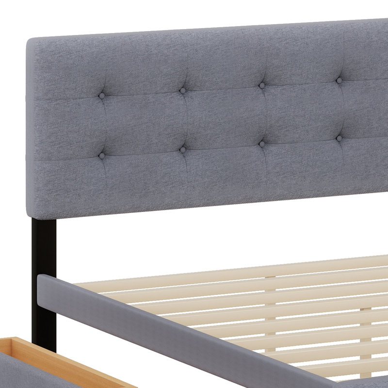 Lit plateforme tapissier avec tête de lit classique et 4 tiroirs, Gris foncé