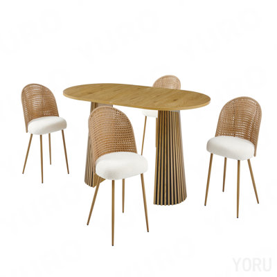 Table de salle à manger extensible en bois massif + chaises de salle à manger en osier brun 4 pièces de style médiéval bohémien avec coussins en éponge blanc doux
