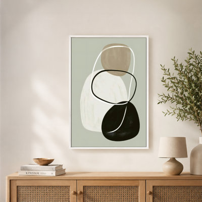Overlapping Beige White Black Abstract Forms Canvas Wall Art with Floating Frame, Ready to Hang