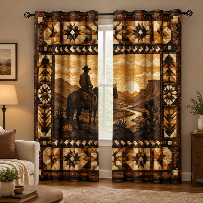 Ensemble de 2 rideaux occultants à œillets, motif western cowboy et équitation, imprimé vintage, réduction du bruit et protection de l'intimité, idéal pour obscurcir la pièce (chambre, salon, cuisine, décoration intérieure).