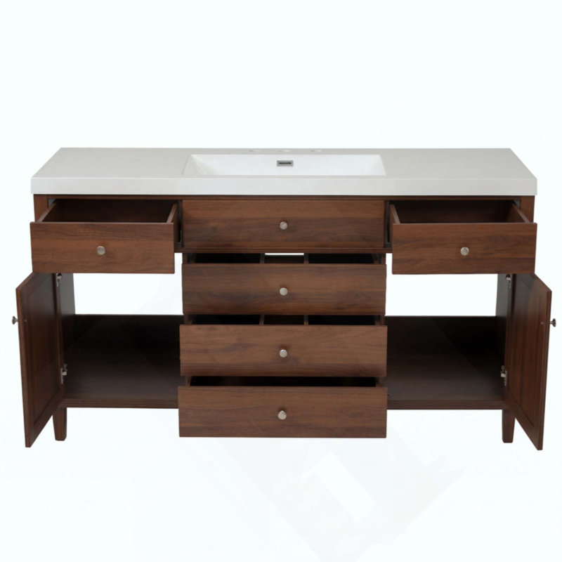 Meuble-lavabo de salle de bain avec lavabo SMC, grande armoire de rangement moderne avec tiroirs à fermeture en douceur et portes en rotin, boutons en métal argenté et 5 pieds en pin
