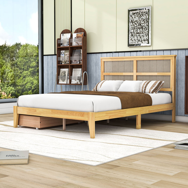 Lit plateforme en bois avec tiroirs de rangement et tête de lit, Double, Chêne blanc