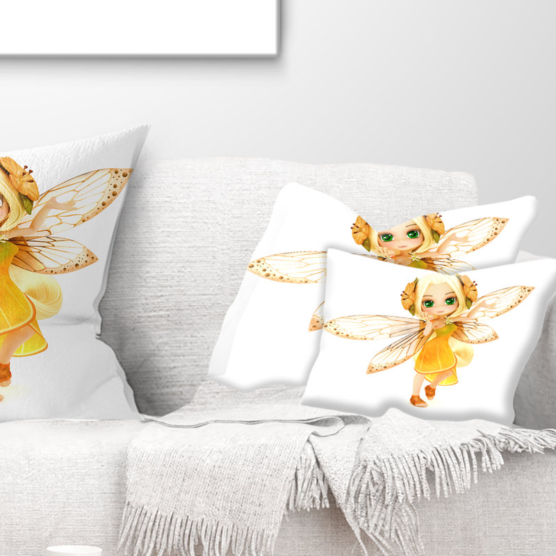 Fée avec des ailes jaunes - coussin à imprimé floral