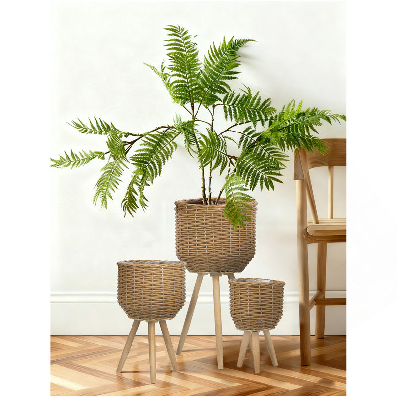 Ensemble de 3 paniers en rotin de polyester brun avec texture de corde et pieds effilés en bois, Brun
