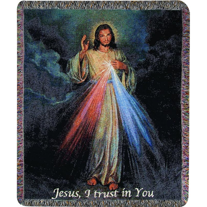 Manual Woodworkers & Weavers The Divine Mercy Woven Cotton Tapestry Throw Blanket with Words 50 x 60 Inch