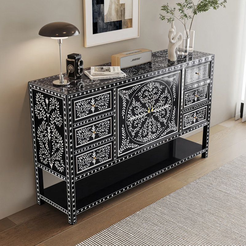 60''  Wide Vintage Hand-Painted Accent Sideboard with 6 Drawers & 2 Doors, Artistic Living Room Storage Furniture