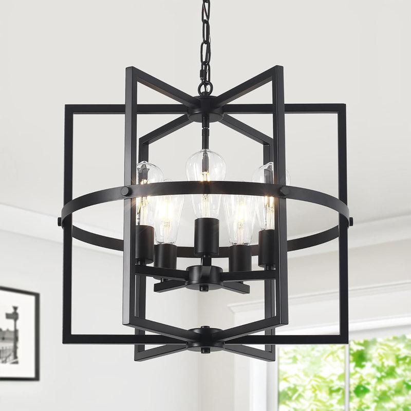 Lustre noir 19 po pour la salle à manger, lustre de ferme moderne à 5 lumières avec cage géométrique suspendue à tambour réglable pour îlot de cuisine