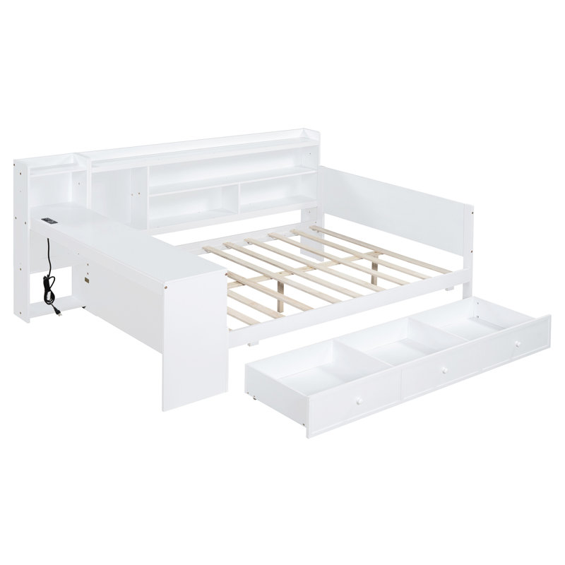 Lit de jour en bois double avec 3 tiroirs, ports USB et bureau, blanc, Lit double, Blanc