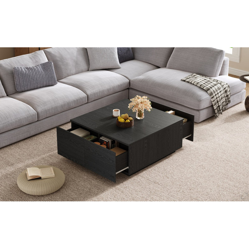 Table basse carrée 33,25 po à 4 tiroirs, Black
