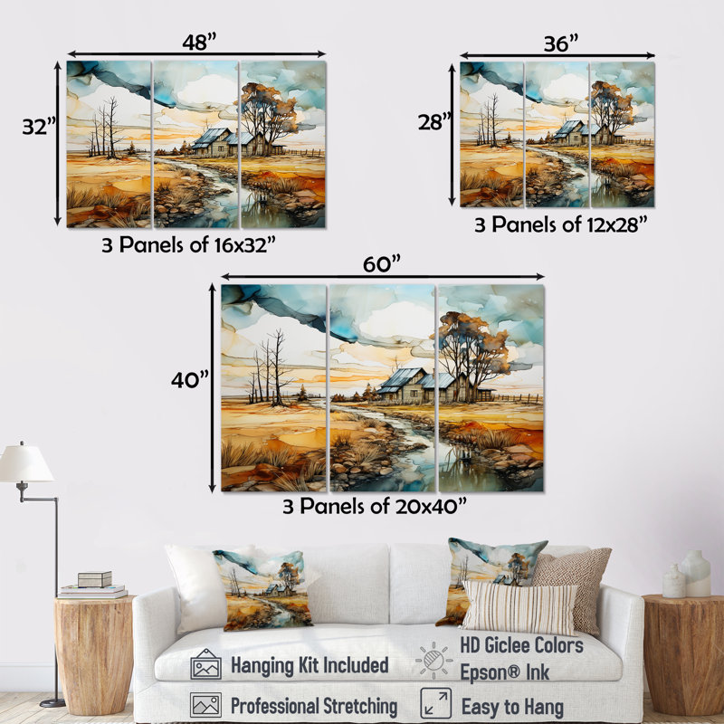 Tarquility In The Countryside IV - Ensemble d'art mural sur toile de ferme, Toile tendue, H 32 po x l 48 po x P 1 po