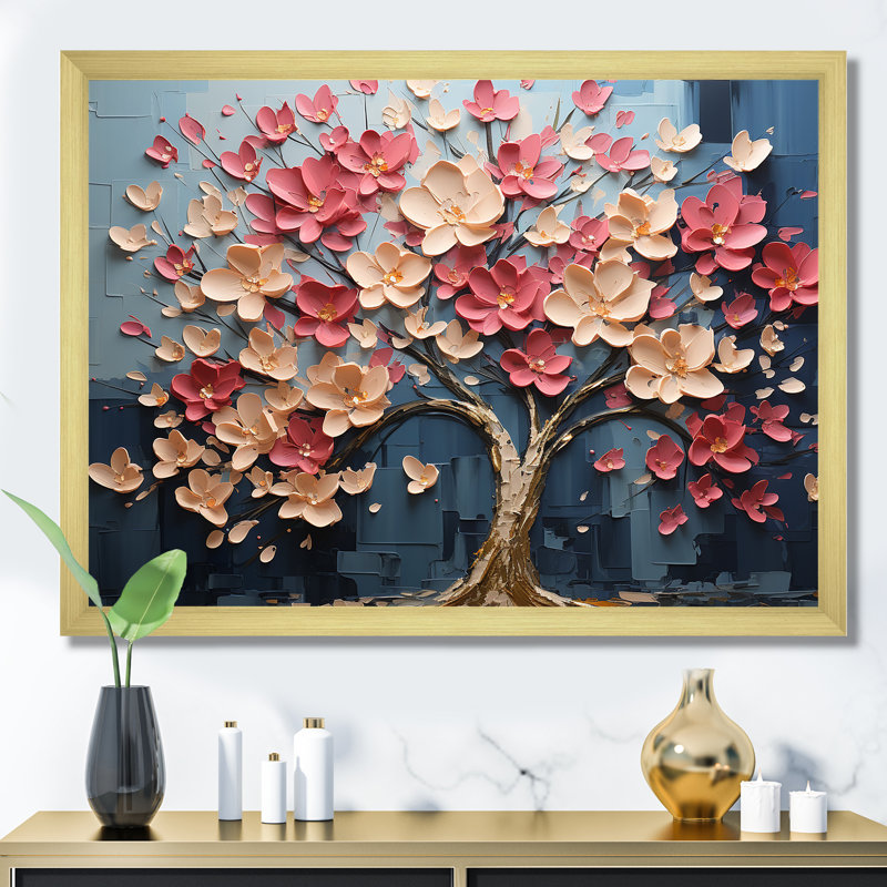 Arbre de pétales dynamique blanc et rose V - art mural arbre, Cadre flottant noir, H 16 po x l 32 po x P 1 po