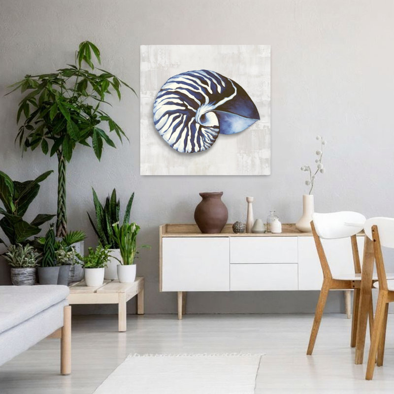 Nautilus coquille dans des teintes bleues I abstrait, art mural contemporain, H 36 po x l 36 po
