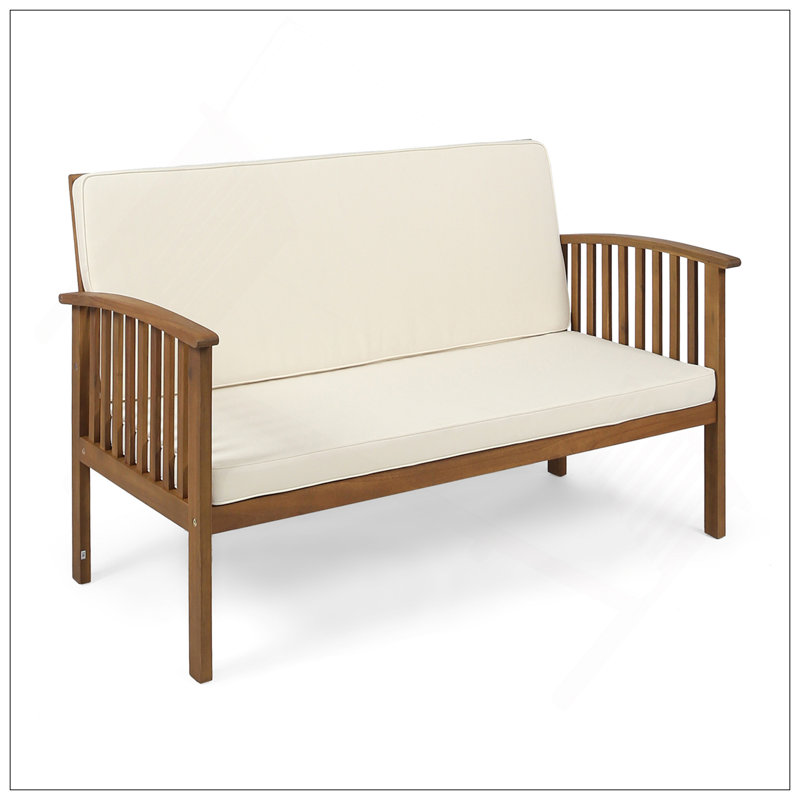 Casa Acacia Wood Love Seat With Slat Panel Design And Weather-Resistant Cushions For Outdoor Relaxation, Cream, Brown