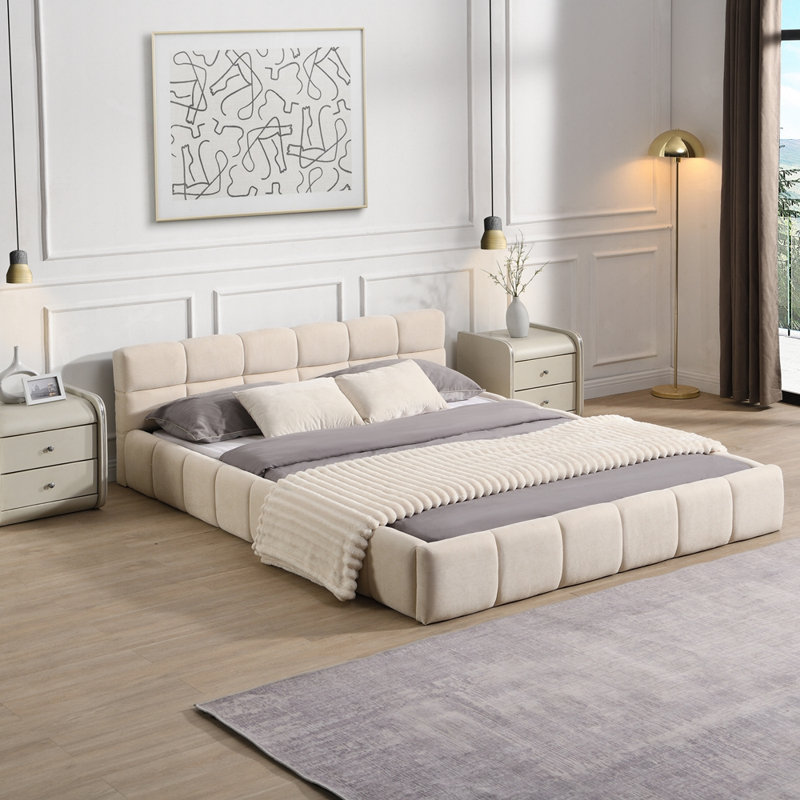 Lit tapissier damier, Beige, Grand lit